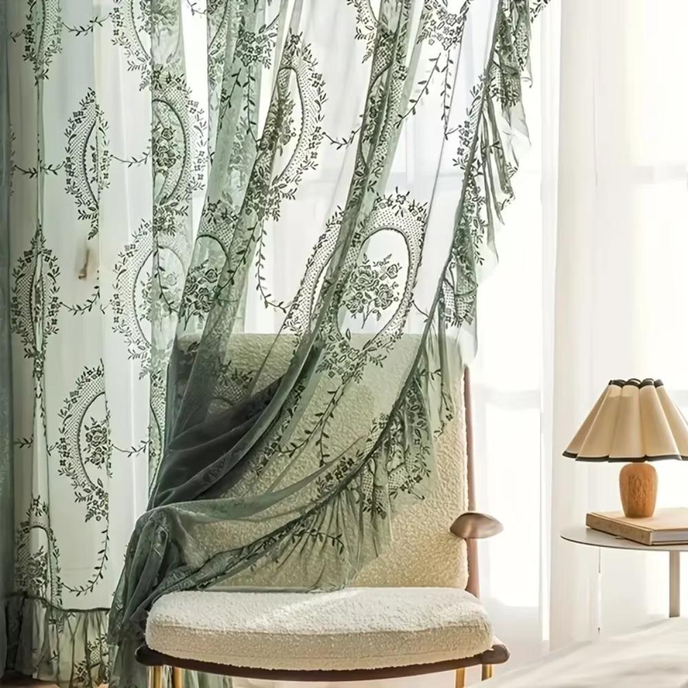 2 Pcs Ruffled Edge Gauze Curtain Retro Lace Sheer Curtain Romantic French Lace Floral Curtain  Door