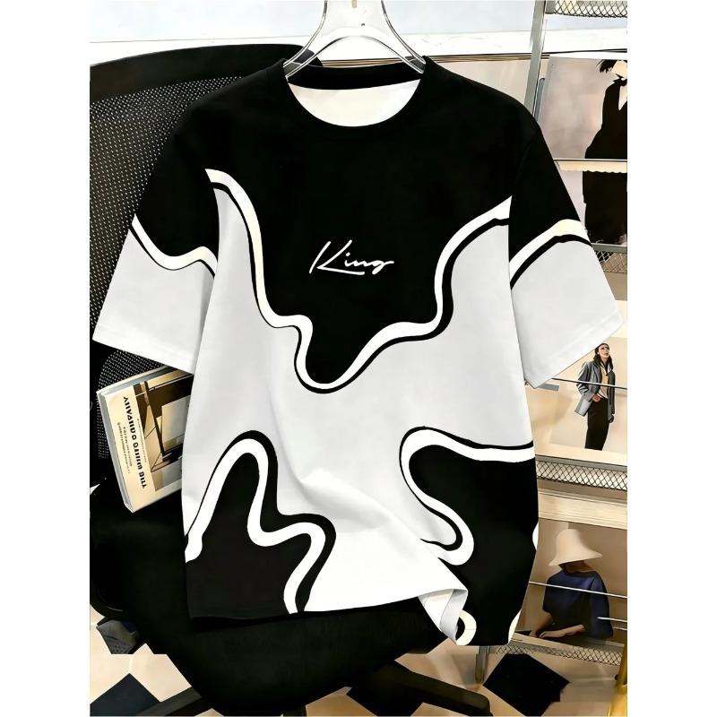 European and American men's summer spliced striped letter print soft and breathable round neck T-shirt outdoor casual top