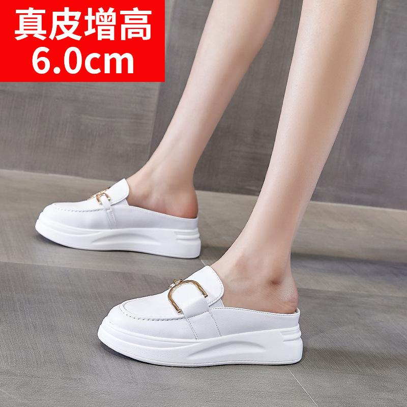 

2025 summer new leather thick-soled heightened half slippers women s lazy one-pedal sandals women s casual loafers 33
