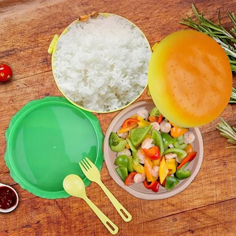 Niedliche Doppelschichtige Hamburger Lunchbox Lebensmittelqualität Student Kinder Lunchbox Mikrowellenheizbar Bento Boxen Outdoor Lebensmittelverpackung