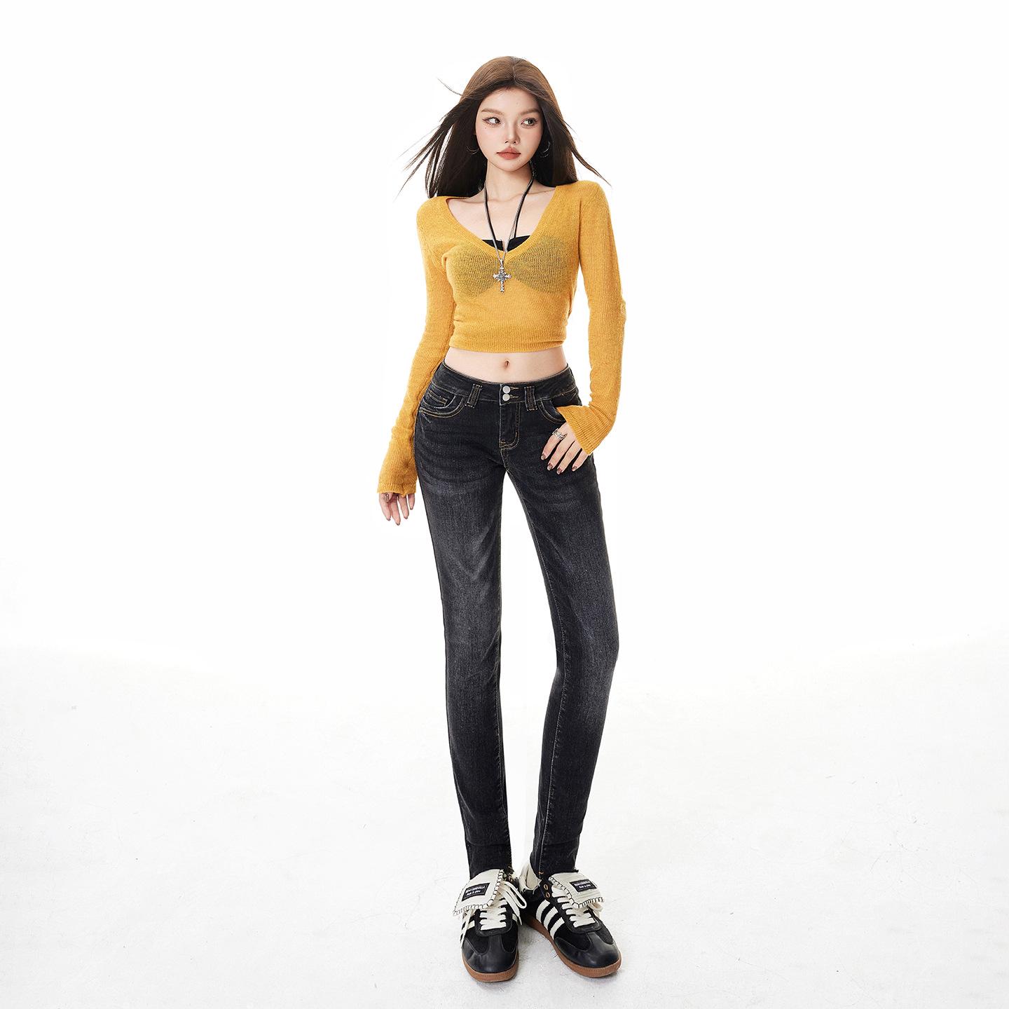 Women s 2026 Slimming Stretch Low-Rise Skinny Jeans - Double Button, Nine-Tenths Length for Spring/Autumn XS
