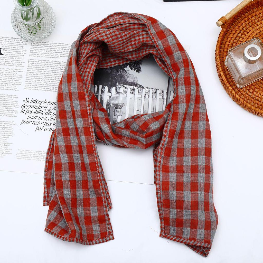 Korean Retro Plaid Cotton Linen Scarf - Double-Sided, Versatile Neck Warmer for Men & Women, Autumn/Winter