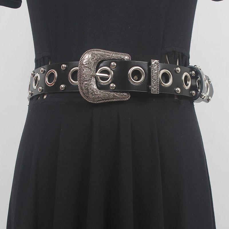 Оригинальный дизайн ретро прочный металлический заклепочный трехцветный кожаный пояс - стильный и универсальный пояс-цепочка на талию