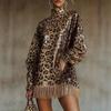 Women Leopard Print Sequin Dress High Neck Long Sleeve Fringe Hem Party Mini Dress