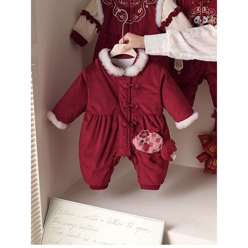 New Winter Style Cotton-Padded Thickened One-Piece Romper for Baby Girls, Chinese-Style Full Moon Birthday Celebration Outfit Red [Thick Quilted] 66 cm