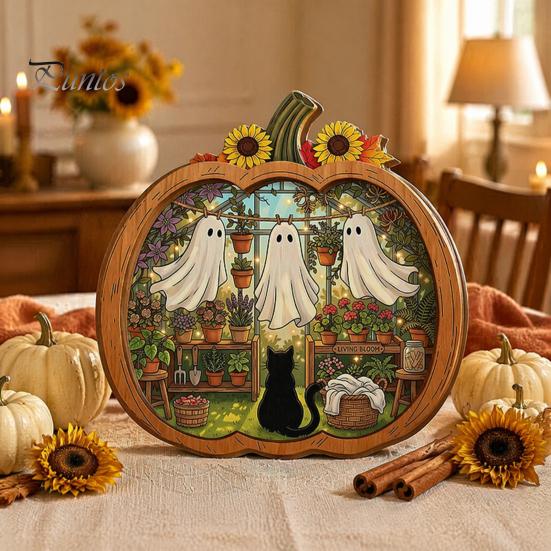 Fall Harvest Home Decoration Halloween Ghost Wooden Tabletop Ornament, 2D Flat Cute Reading Bathing Thanksgiving Table Centerpiece Watering