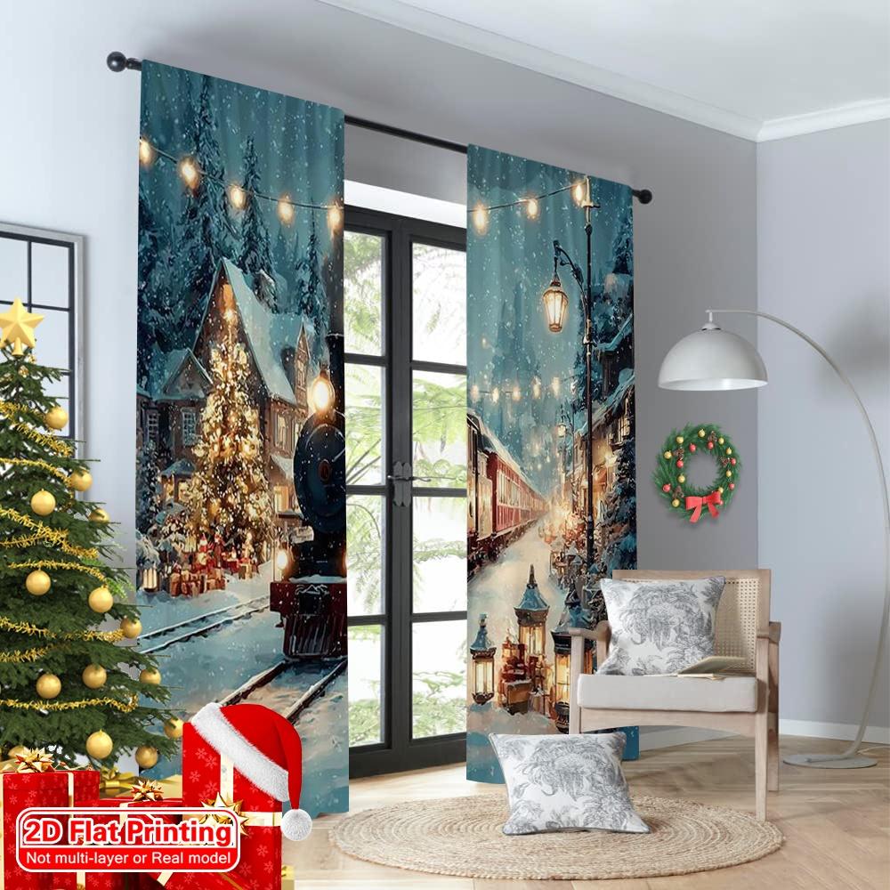 2pcs 2D Flat Printing Christmas Drapes Christmas Train4 Fabric Without Electricity Party Decorations Perfect for Aesthetic Room