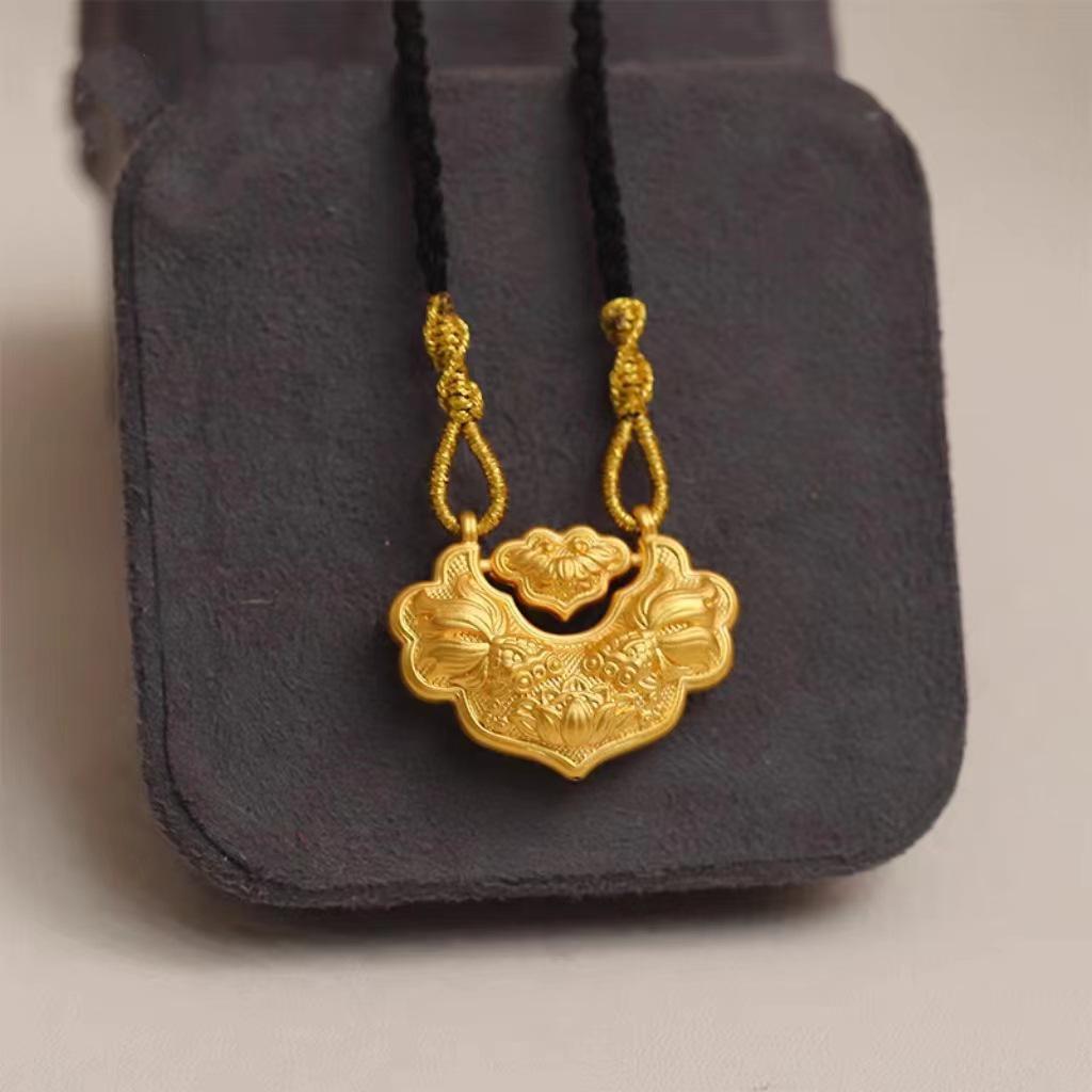Vietnamese Sand Gold Koi Fish Necklace - Copper Gilded Retro Peace Lock Pendant