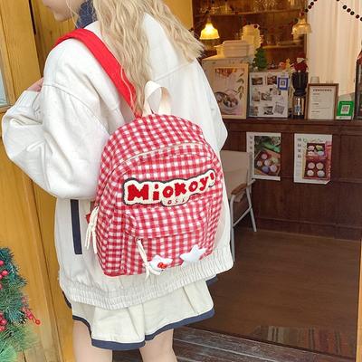 Red Plaid Backpack Cute Backpack Autumn New Tutoring Bag Large Capacity Student Bag