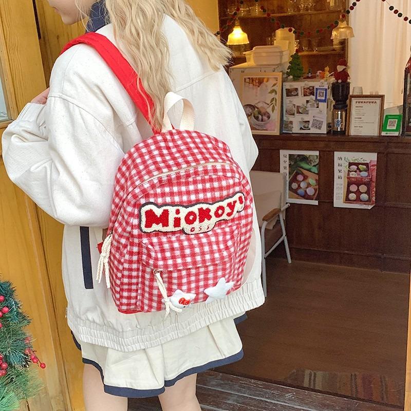 Red Plaid Backpack Cute Backpack Autumn New Tutoring Bag Large Capacity Student Bag