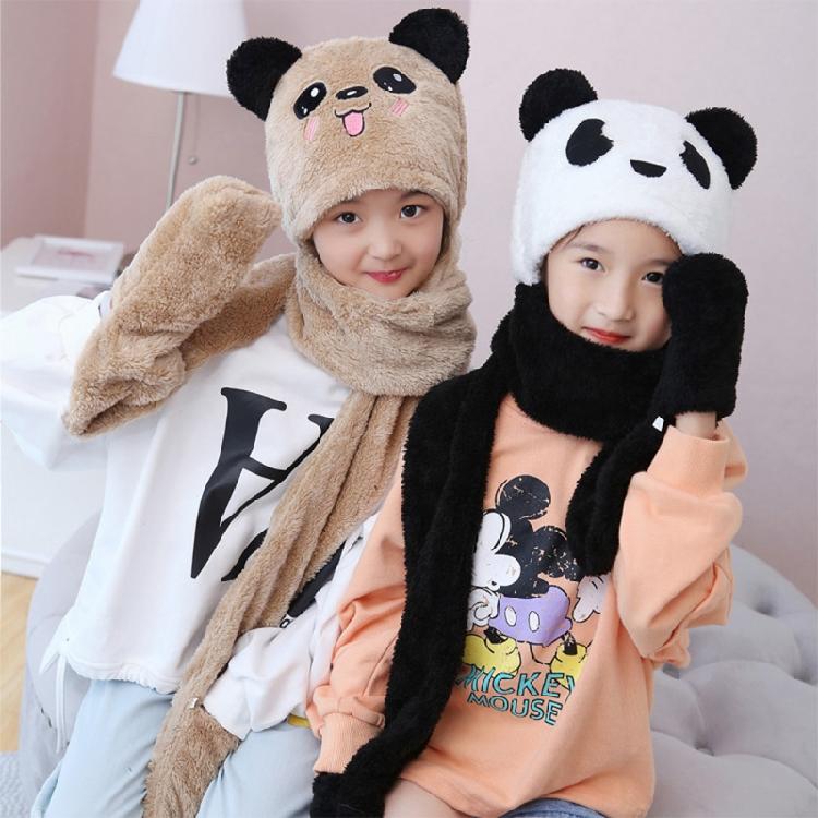 Kapuzenschal Mütze Nackenwärmer mit Tasche Fäustlinge Panda Ohren Kinder Plüsch Ohrenklappenmütze