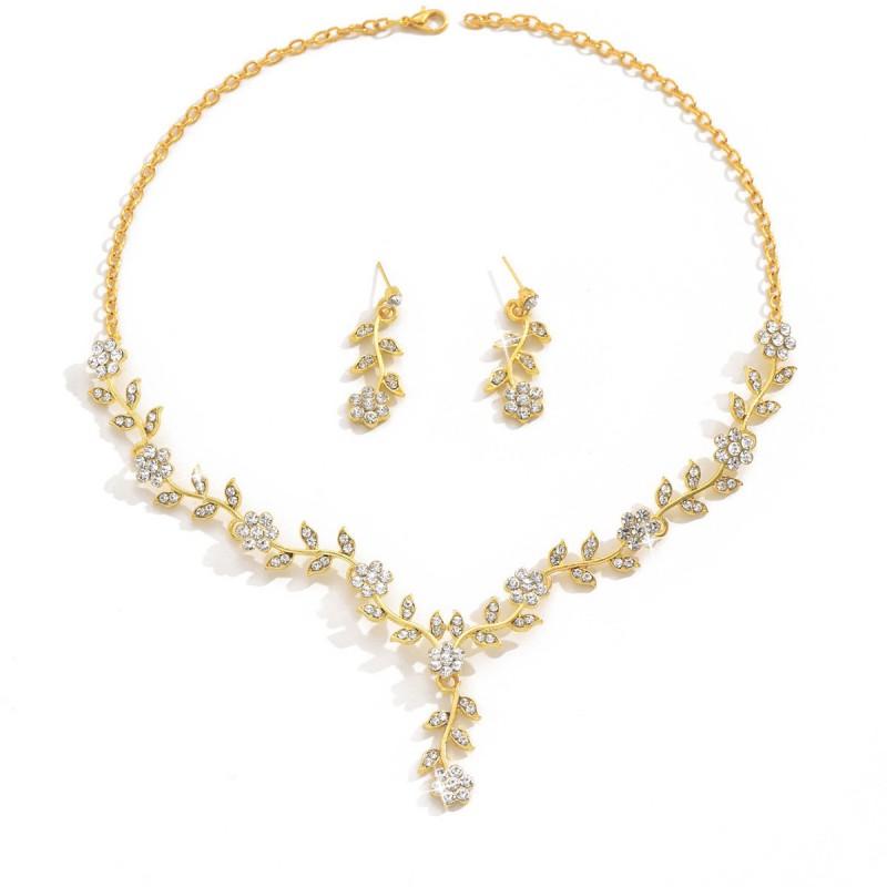 Floral Necklace Earrings Set Women - Gold Plated Alloy Jewelry With Rhinestone Accents Sweet Fashion Wedding Accessory