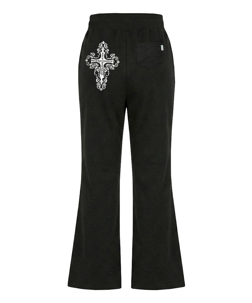 ESCAPEFROM Big Vintage Cross Print Bootcut Sweatpants Black