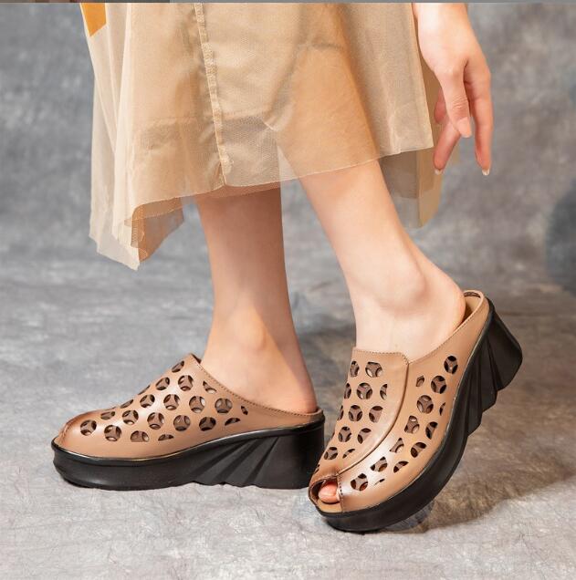 Summer New Genuine Leather Slippers Women's Retro Ethnic Style Thick Wedges Shoe Fish Mouth Mom Slippers Women Hollow Sandals