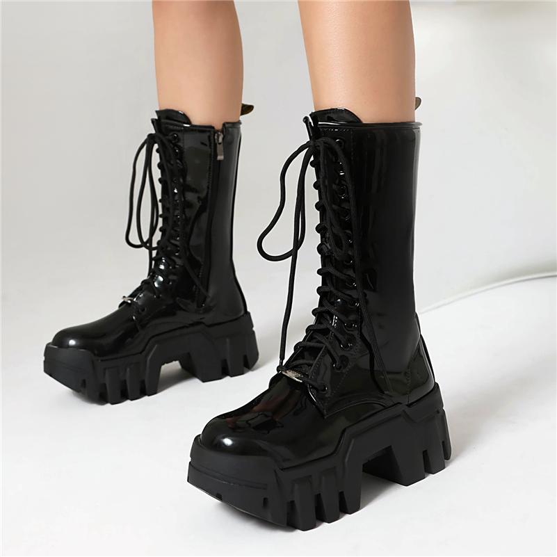 Meotina Women Ankle Boots Round Toe Chunky High Heels Lace-up Zipper Platform Short Boots Ladies Fashion Shoes Winter Yellow 44