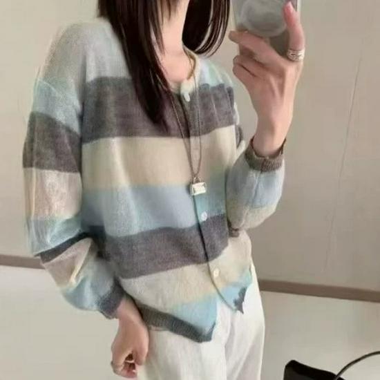 Autumn 2026 Women's Striped Wool Cardigan - New Loose Knit Sweater with Low Round Neck for Chic Commuting Style