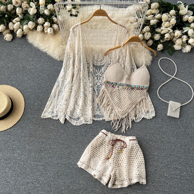 

Vacation Style Embroider Cardigan Tassel Halter Cut-out Lace Apricot color One size