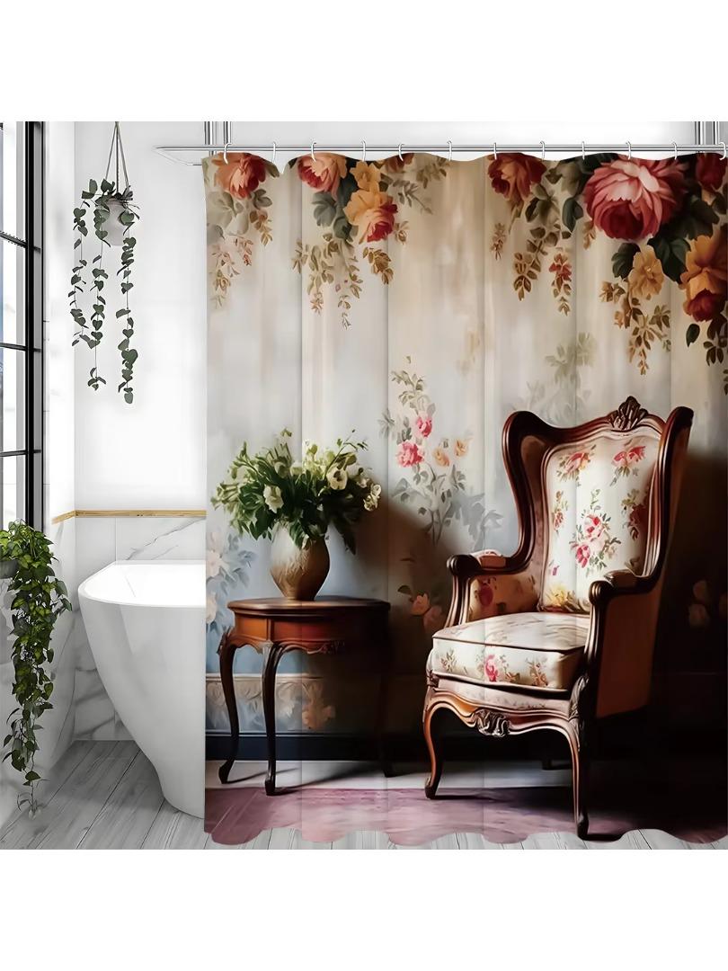 

Peony Chair Flower Shower Curtain, Bathroom Decorative Shower Curtain, Waterproof Shower Curtain With Hooks W60H190(CM)-1 Pcs