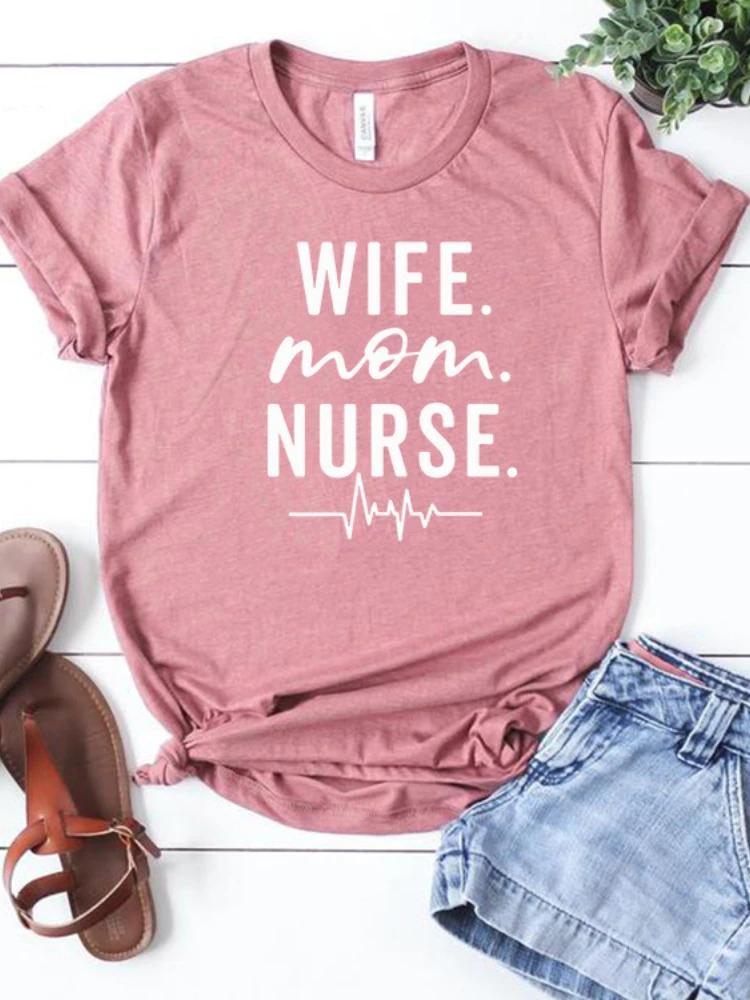 Wife Mom Nurse Heartbeat Print Women T Shirt Short Sleeve O Neck Loose Women Tshirt Ladies Tee Shirt Tops Camisetas Mujer