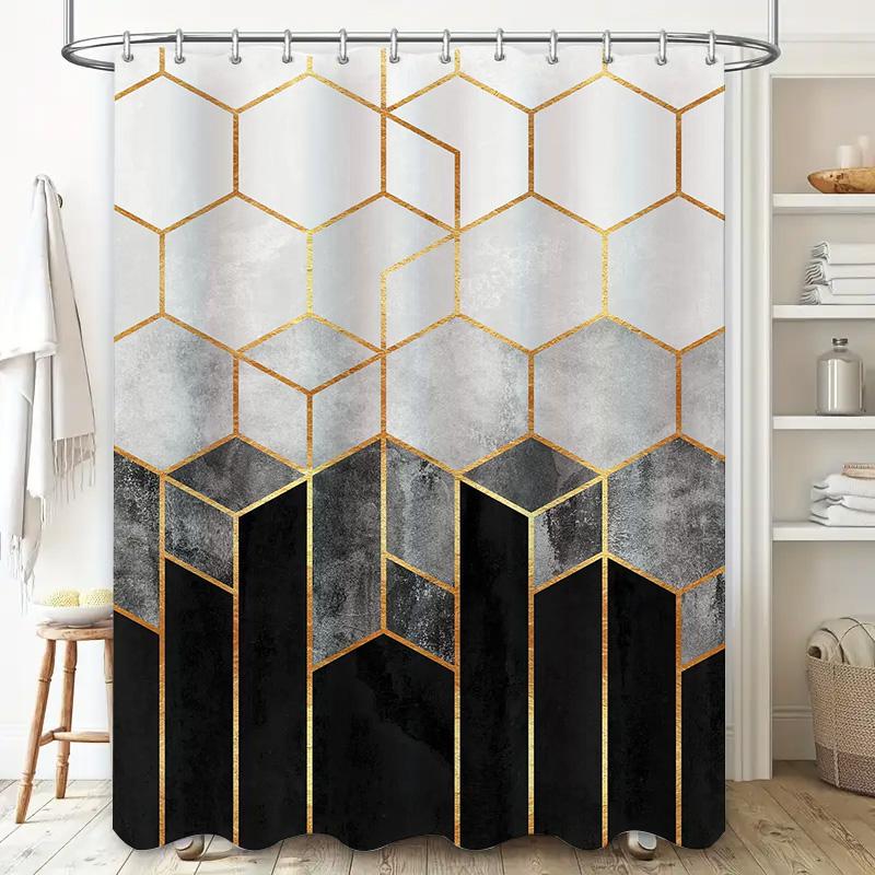 Modern Geometric Hexagon Shower Curtain Set Elegant Metallic White Black Design With Water-Resistant Fabric For Bath Decorations