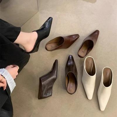 Fashion 2025 European American Baotou Half Women's Soft Leather Slope Heel High  Cool Fashion Outwear Thick  Lazy Muller Shoes Slippers