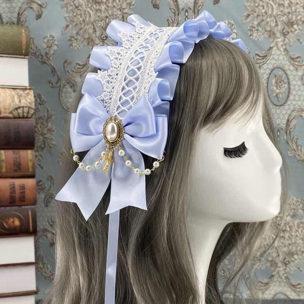 Ribbon Bow Lolita Lace Headband Pearl Maid Cosplay Headdress Cute Ruffled Hairband  Girls