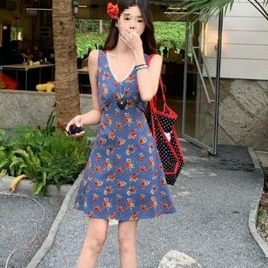 Women s Elegant French Blue Floral V-Neck Sleeveless A-Line Dress - Summer Seaside Style Extra Large