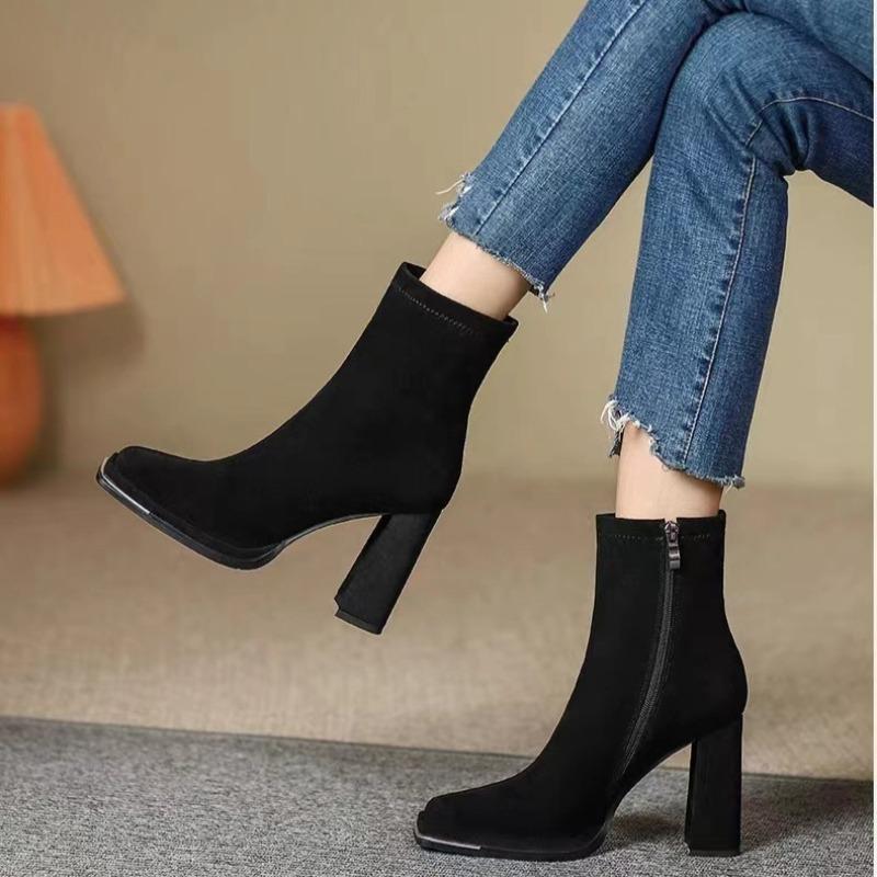 Fashion Luxury Women Boots Fashion Square Head Patent Leather Boots Side Zipper Ankle Boots for Women Suede Leather High Heel Boot Botas