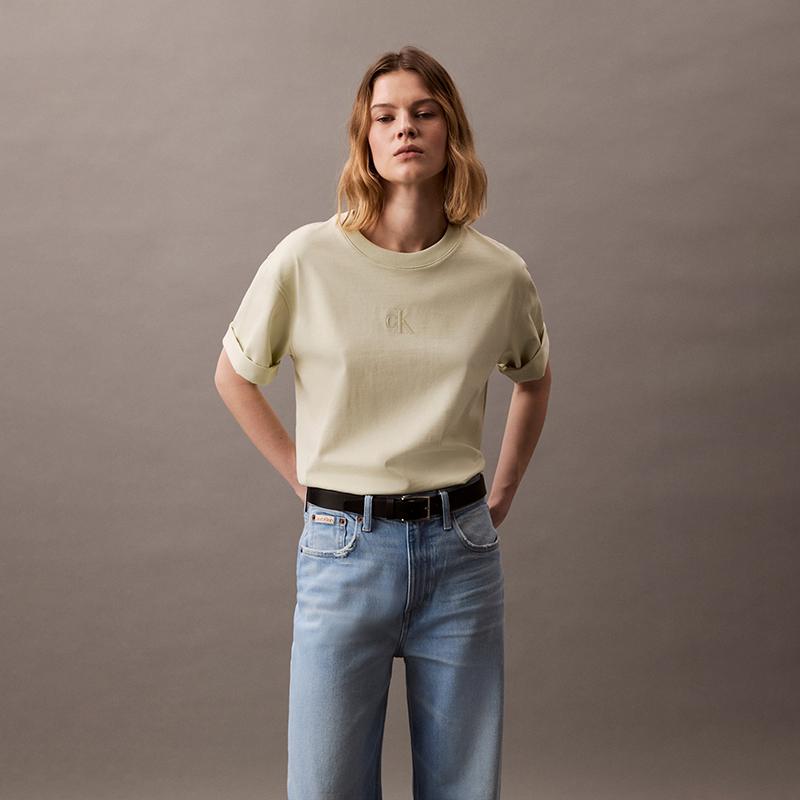 Calvin Klein Trendy Casual Layered Letter Loose Cotton Short Sleeve T-Shirt Women T-Shirts Seafoam-Green 47AB818