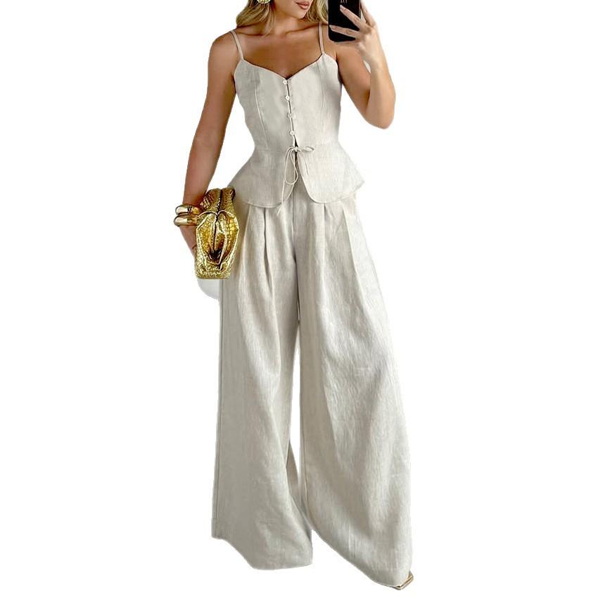 

Женский летний однотонный модный топ-майка из чистого хлопка, жилет, брюки с высокой талией и широкими штанинами, комплект из двух предметов M