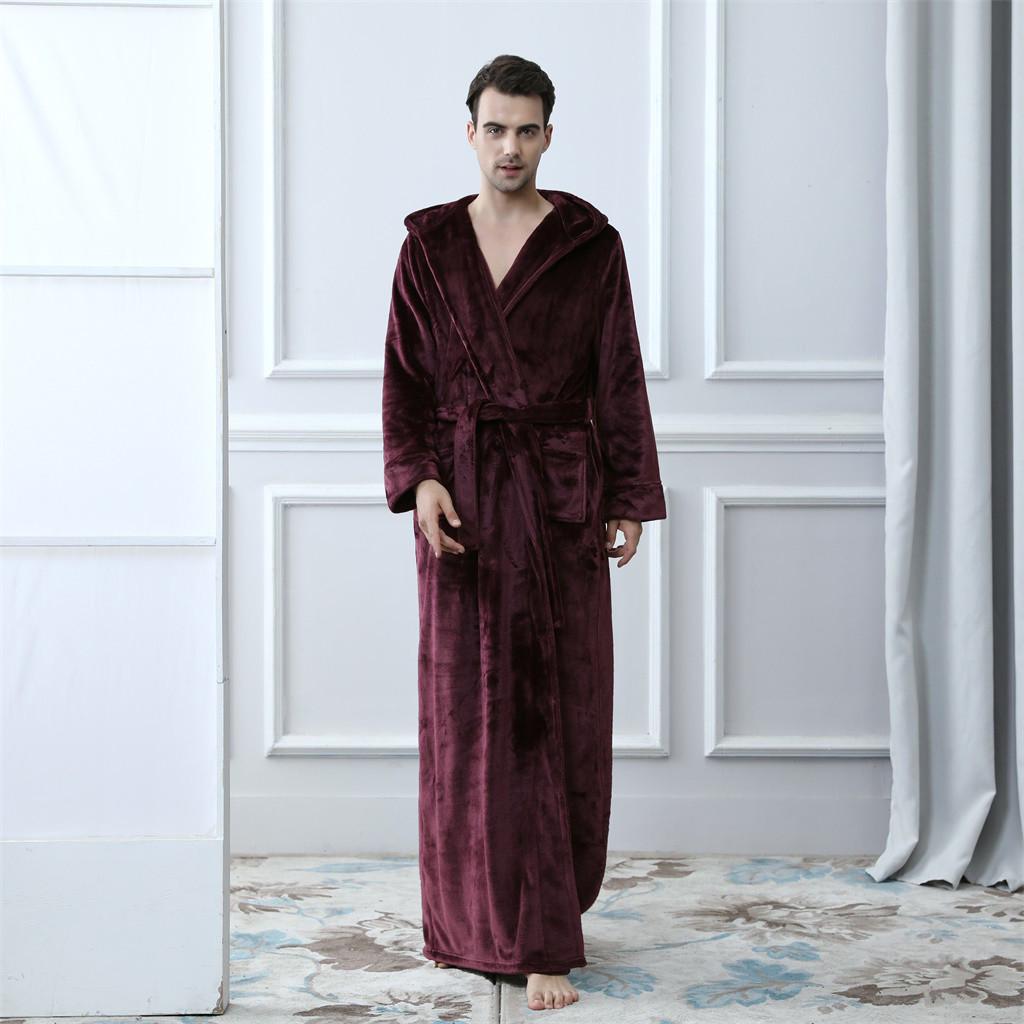 Mens Hooded Thicken Coral Fleece Robe Bathrobe Gown Pajamas Sleepwear Pocket