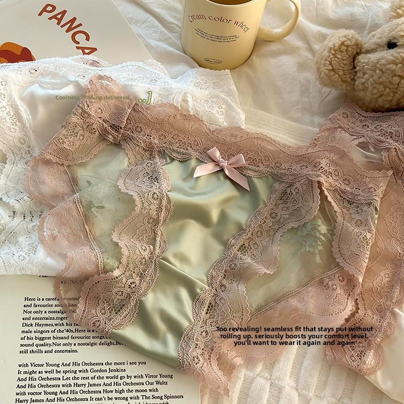 Female Summer Thin Sexy Lace Bow Pure Desire Satin Breathable High Split Low Waist Triangle Briefs