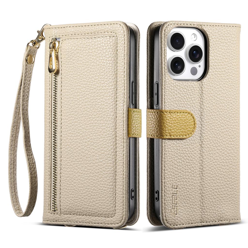 ESEBLE E11 For iPhone 16 Pro Max Case Zipper Pocket Litchi Texture Leather Phone Cover with Mirror and Wrist Strap