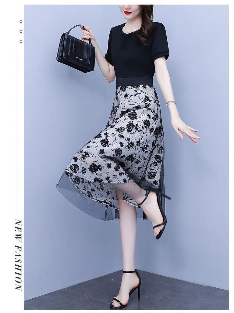 Women's Black Mesh Patchwork Faux Two-Piece Short-Sleeve Dress, Summer 2024 - Waist-Cinching Tie-Up Design.