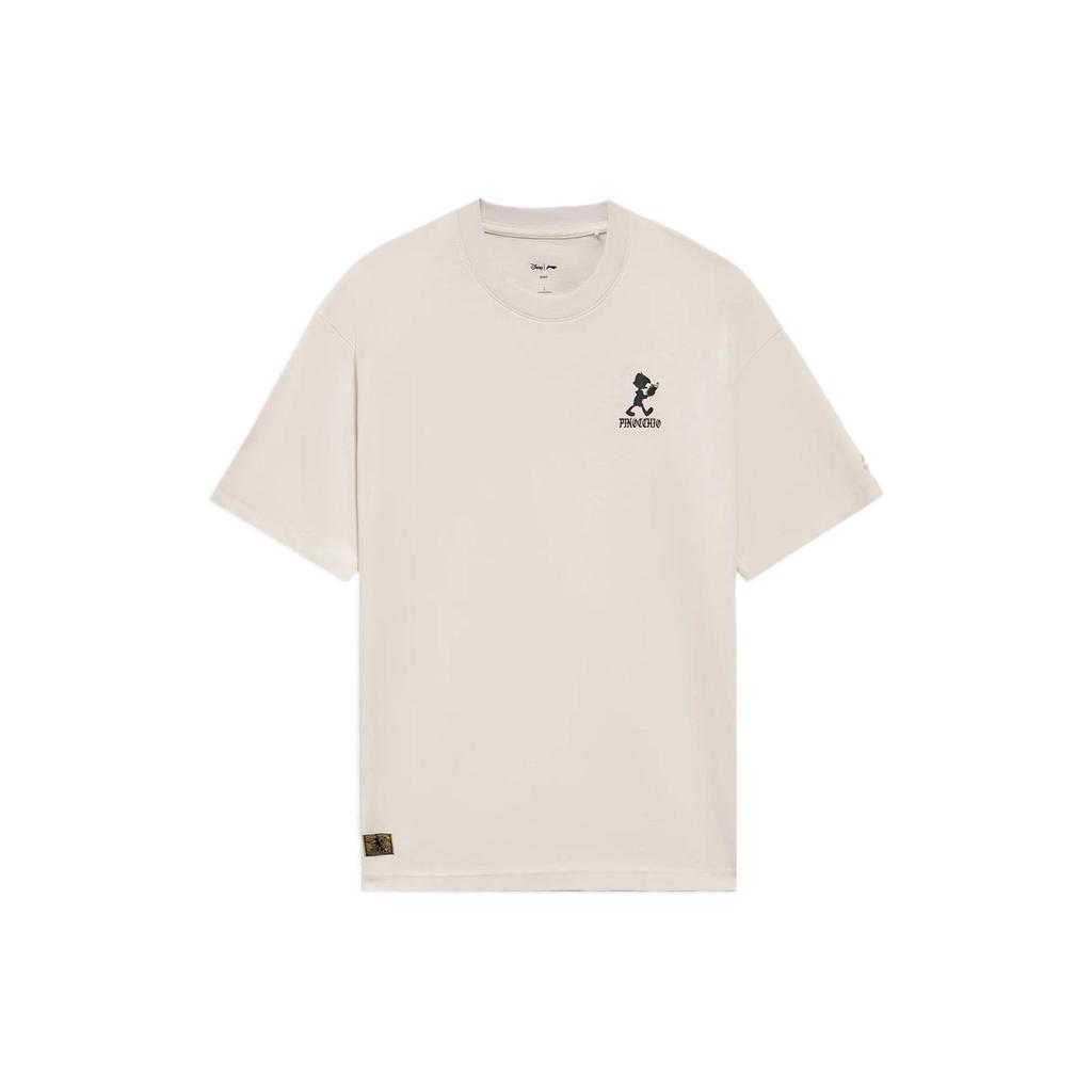 Li-Ning X Disney Pinocchio Series Hand-Painted Cartoon Print Casual Loose Short-Sleeve T-Shirt Men Tops White Sand-Grey AHSS451-1