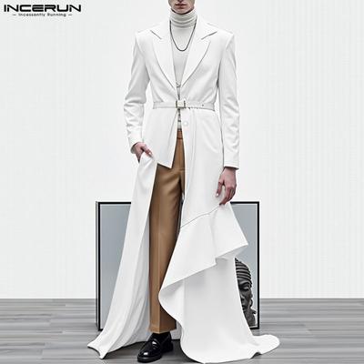 Men Lapel V Neck Double Layers Belt Waist Splits Long Tunic Blazer