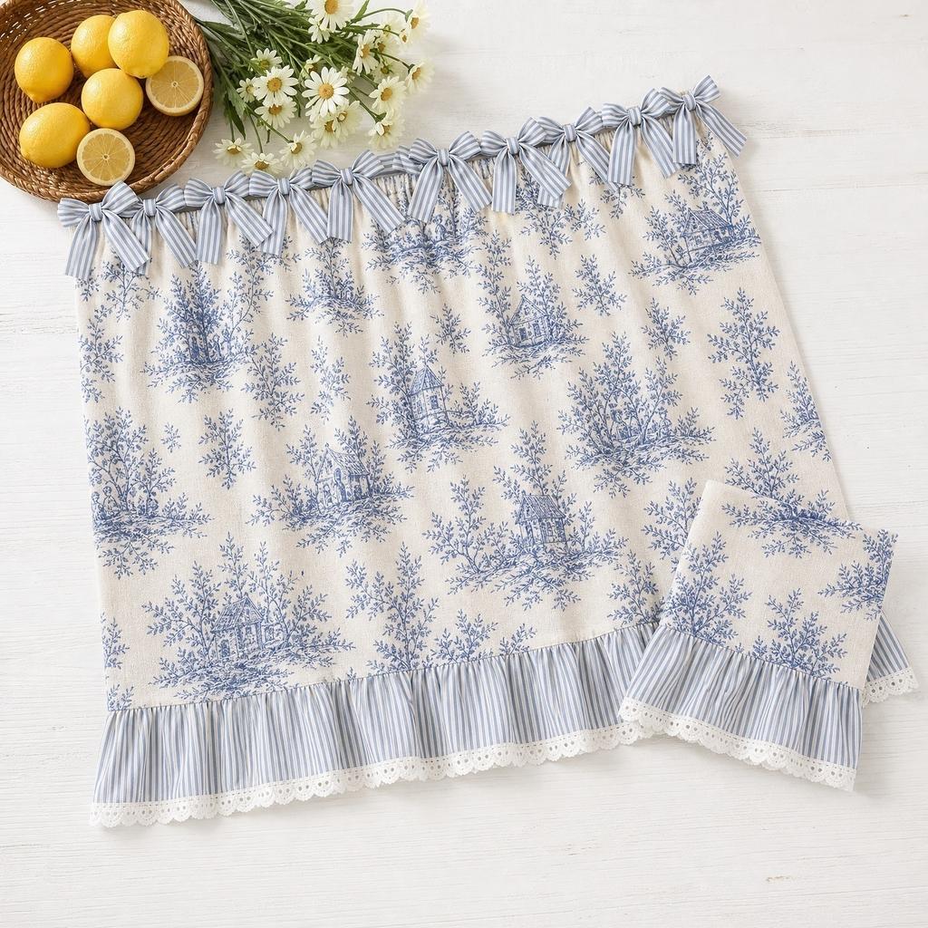Farmhouse Kitchen Oven Skirt 78x55cm Decorative Ruffled Edge Oven Cover with Bow Tie Top for Rustic Style Kitchen Window Treatment