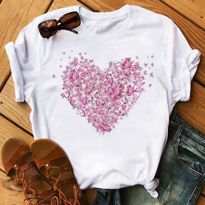 Women T Shirt Aesthetic Butterfly Love Heart Graphic Print Female Tshirt Clothing Summer Fashion Short Sleeve Kawaii T-Shirt