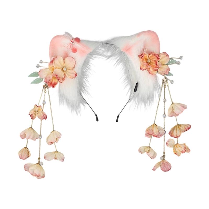 Furry Cats Ear Hairband With Dangling Flower Tassels For Anime Event and Roleplay Party Women Teens Daily and Formal Wear розовый