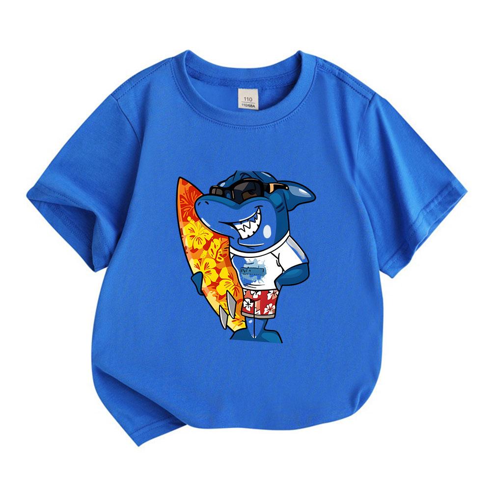 Kids Boys Girls 100% Cotton Crew Neck Short Sleeve T-Shirt, Cool Surfing Shark Cartoon Printed Casual Soft Breathable Summer Top for Children Daily We