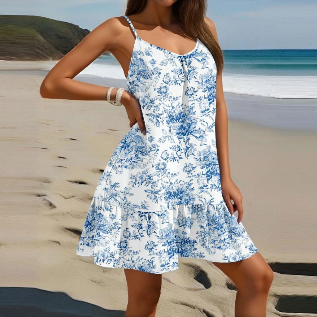 Damenmode Lässig Ärmellos Rundhals Weit Geschnitten Geblümtes Strandkleid