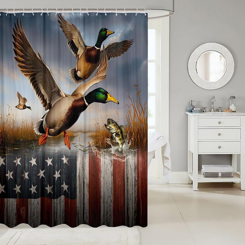 American Flag Printed Shower Curtain, Flying Wild Duck Bass Fish Bathroom Curtain, 72"W X 72"L, Grey, Waterproof