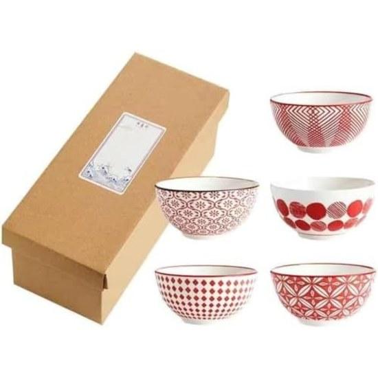 OSNIC Wafuu Blue Rice Bowl Set 5 Nordic Design Ceramic Diameter 11cm Microwave Dishwasher Safe Salad (Red)