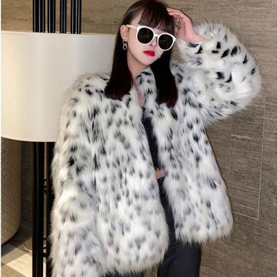 Women's New Leopard Print Fox Fur Coat Medium and Long Spotted Plush Coat Thickened Loose Trench Coat Tide