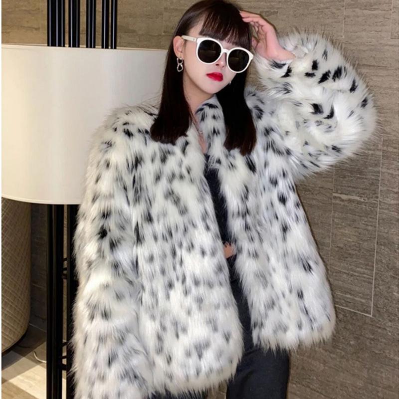 New leopard print fox fur coat medium and long spotted plush coat thickened loose trench coat tide