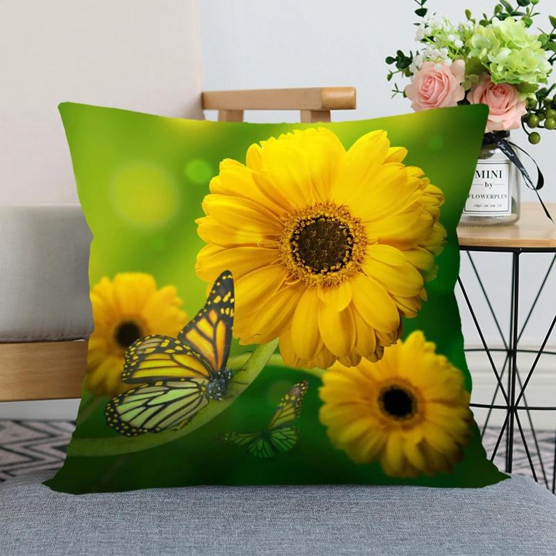 Neuankunft Gerbera Blumenkissenbezug Schlafzimmer Home Office Dekorative Kissenhülle Quadratisch Reißverschluss Kissenbezüge Satin Weich Kein Ausbleichen