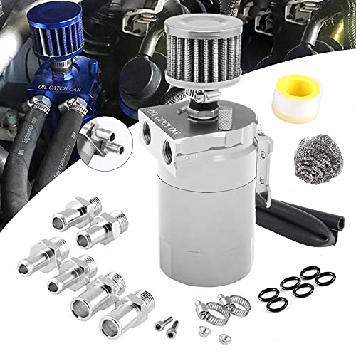 VEHSUN Oil Catch Tank, Aluminum, Universal for Cars and Motorcycles, Oil Catch with Freezer Filter, Flat Head, Cylindrical, Hose Nipple, Outer Di
