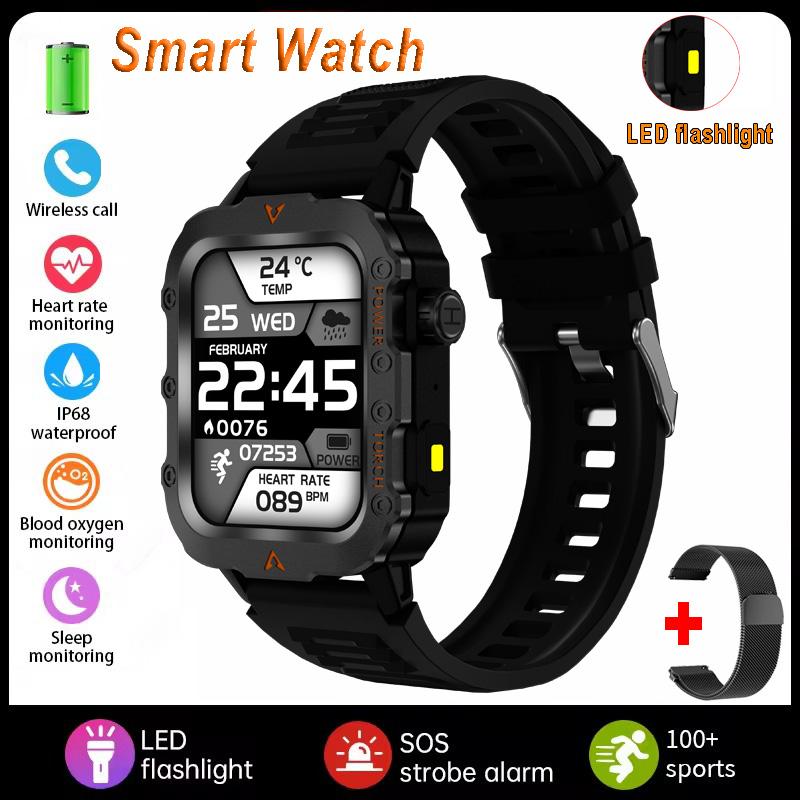 New Men's BT Call Smart Watch LED Flashlight Outdoor Sports Fitness Tracking Smartwatch Wristwatch Health Monitoring Watch