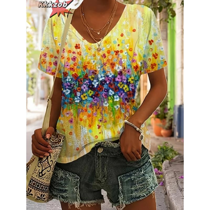 Damen T-Shirts V-Ausschnitt 3D Kunstdruck Tops Locker Kurzarm T-Shirts Sommer Streetwear Mode Lässig Übergroße Damenbekleidung