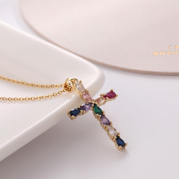 Fashion Women's Jewelry Micro-paved Colorful Zircon Drop Cross Necklace Necklace Commuting